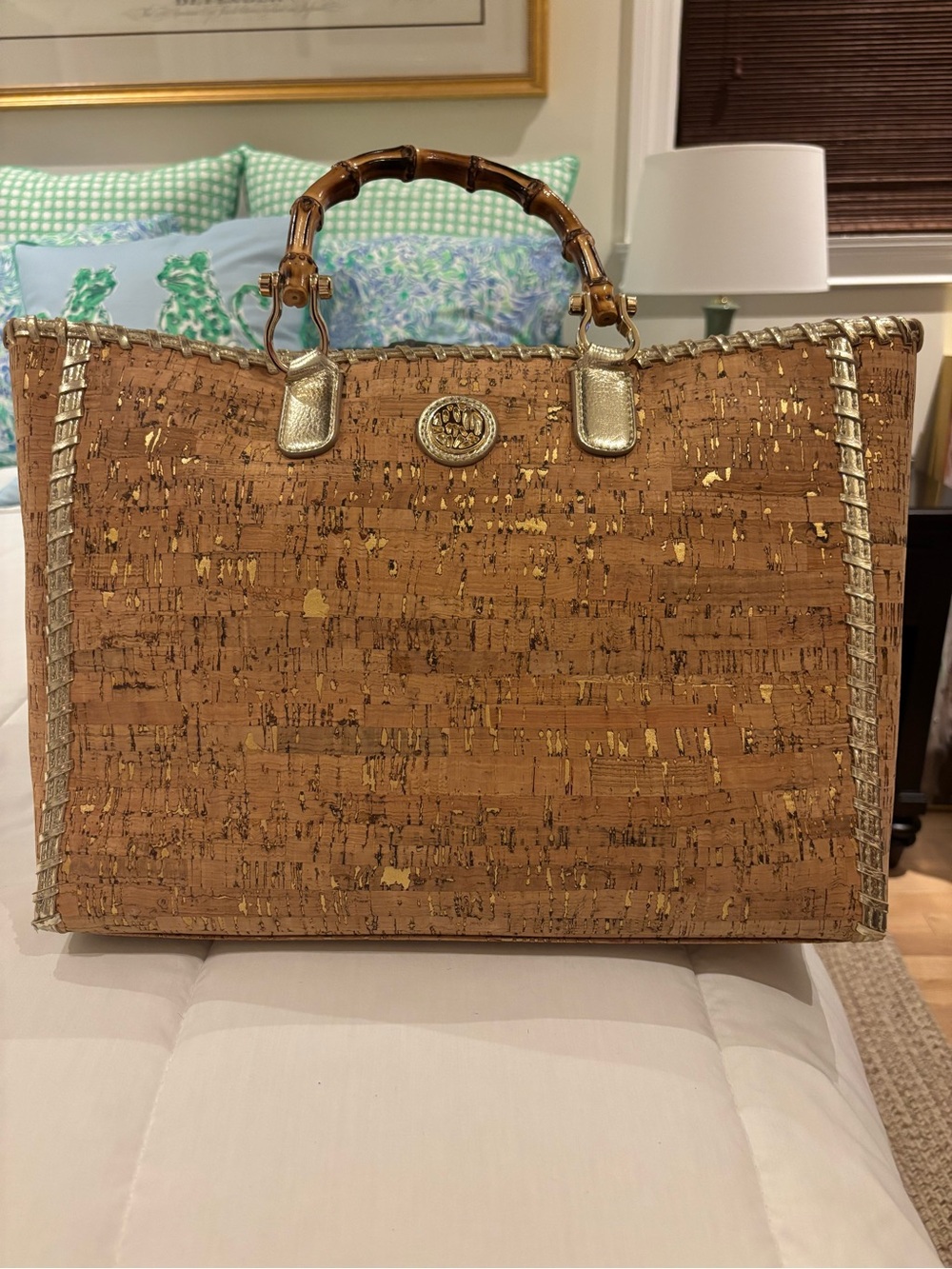 Lilly Pulitzer Cork Natural Greydon Tote Bamboo handles - Picture 9 of 9